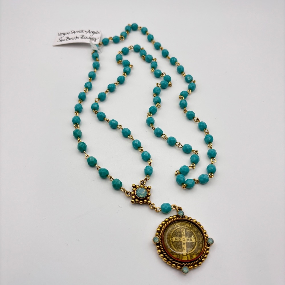 Virgins Saints & Angels San Benito Rosary Medallion Necklace Beaded Chain 30"
